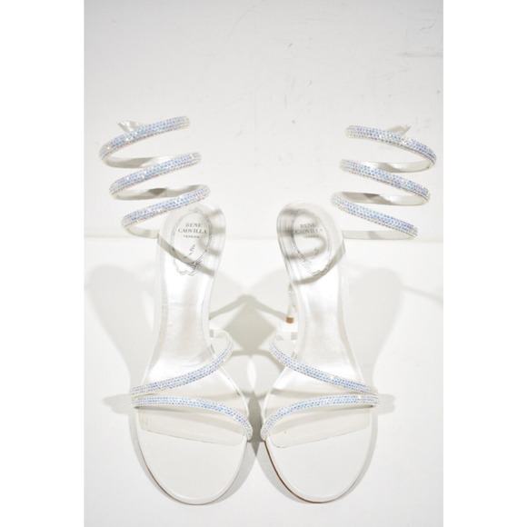 Rene Caovilla Margot Ivory White Crystal Ankle Wrap Strap Sandal Heel Pump 36 - Picture 7 of 12